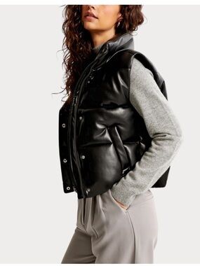 Women’s Black Puffer Vest Jacket - faux leather look
